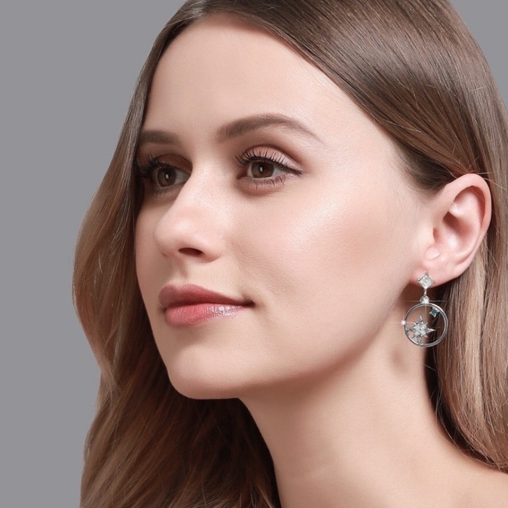 Any 3/$25! Silver Crystal Star Circle Earrings - Picture 2 of 8